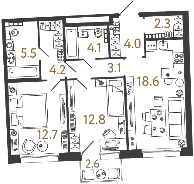 Планировка 2-комнатная 67,3 м² в доме «Цвет Зеленогорска» — Дом «Цвет Зеленогорска»