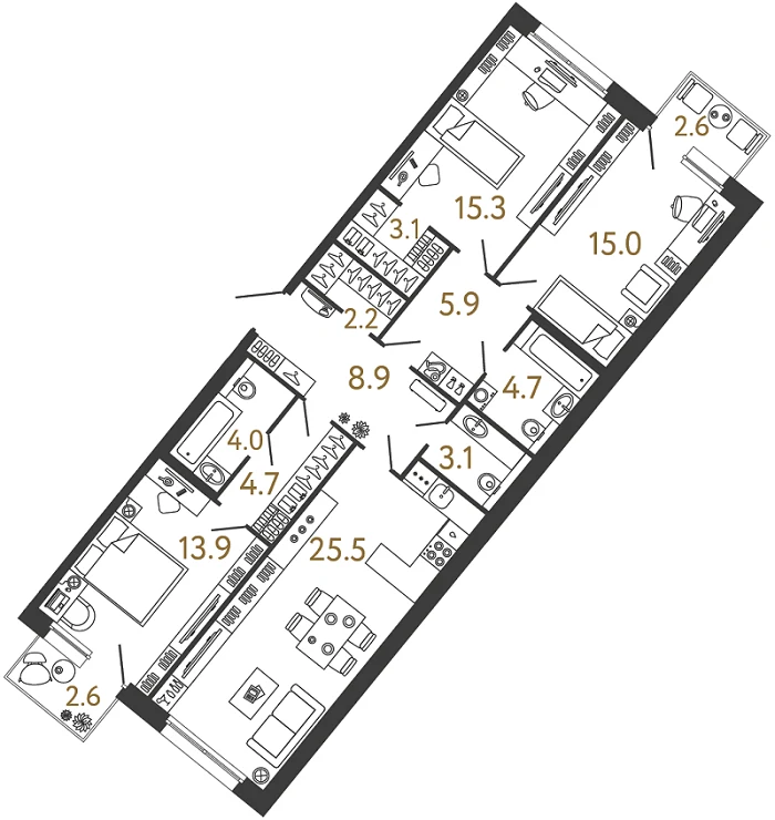 Планировка 3-комнатная 106,3 м² в доме «Цвет Зеленогорска» — Дом «Цвет Зеленогорска»