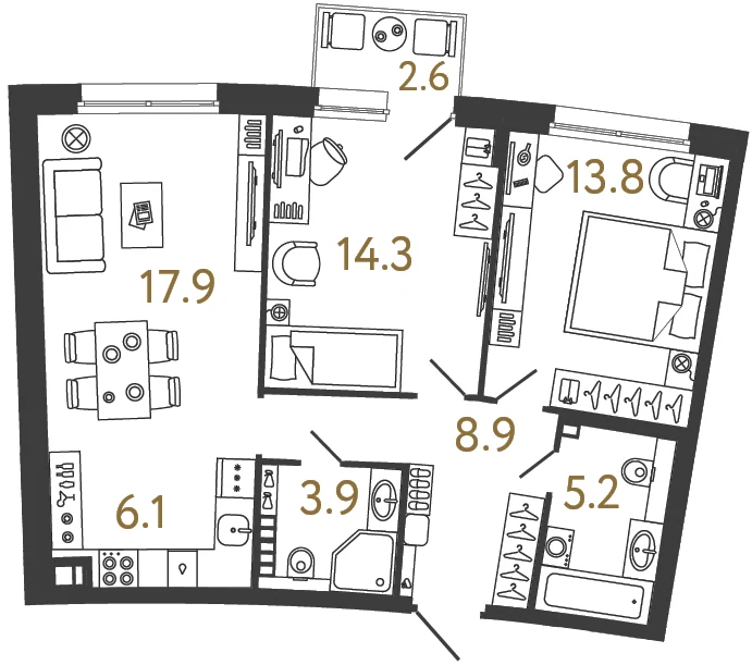 Планировка 2-комнатная 70,1 м² в доме «Цвет Зеленогорска» — Дом «Цвет Зеленогорска»