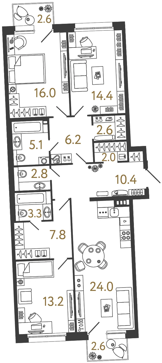 Планировка 3-комнатная 107,8 м² в доме «Цвет Зеленогорска» — Дом «Цвет Зеленогорска»