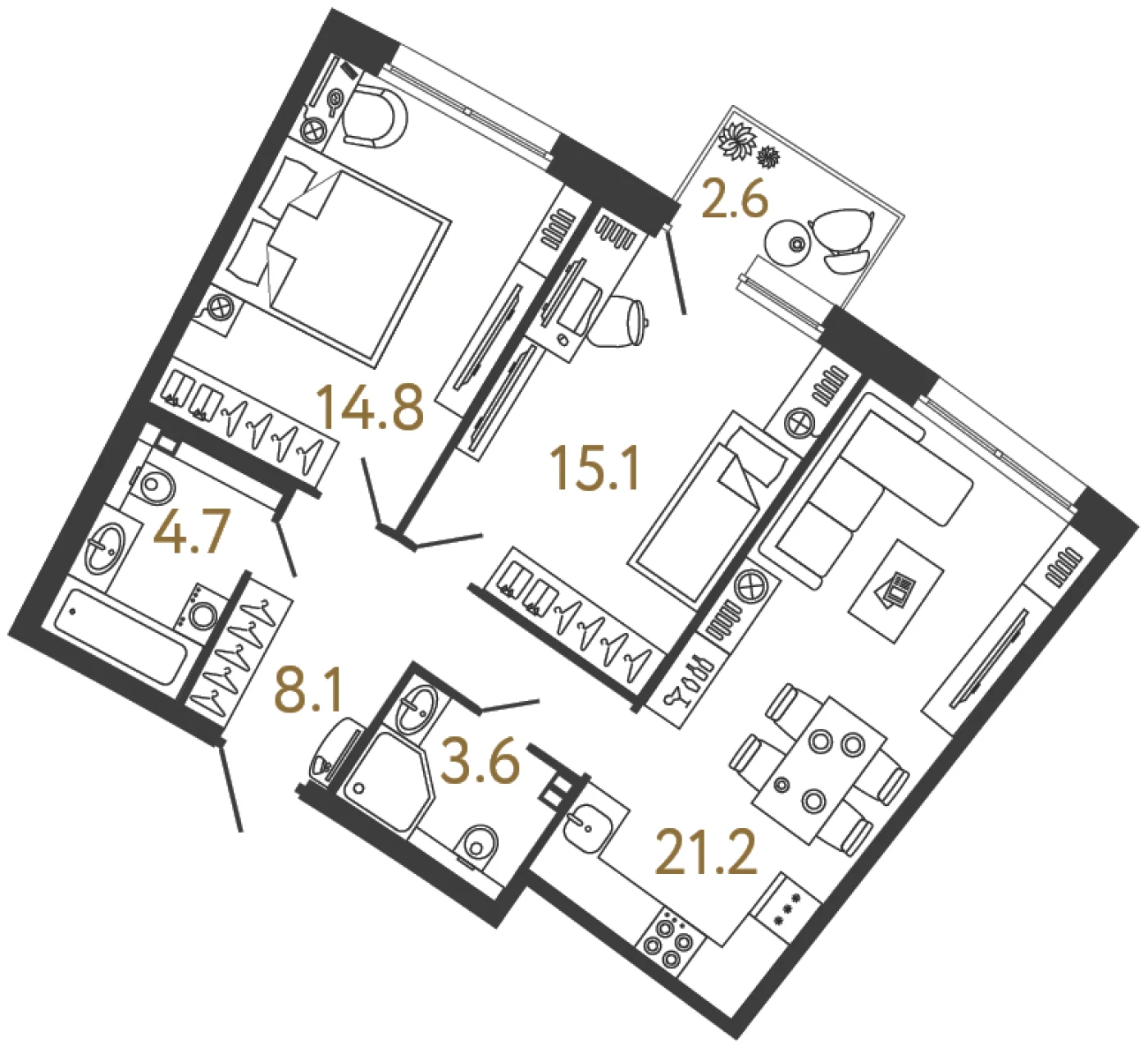Планировка 2-комнатная 67,5 м² в доме «Цвет Зеленогорска» — Дом «Цвет Зеленогорска»