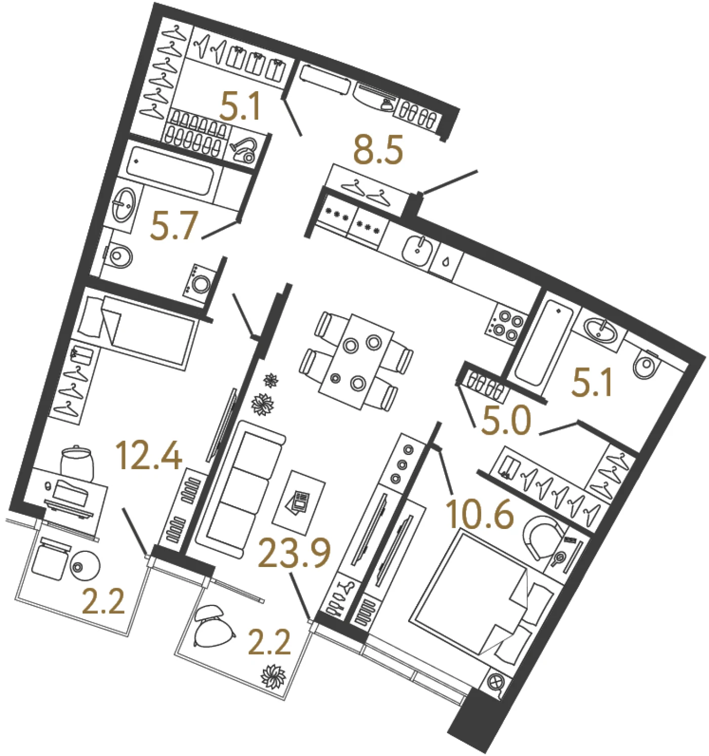 Планировка 2-комнатная 76,3 м² в доме «Цвет Зеленогорска» — Дом «Цвет Зеленогорска»