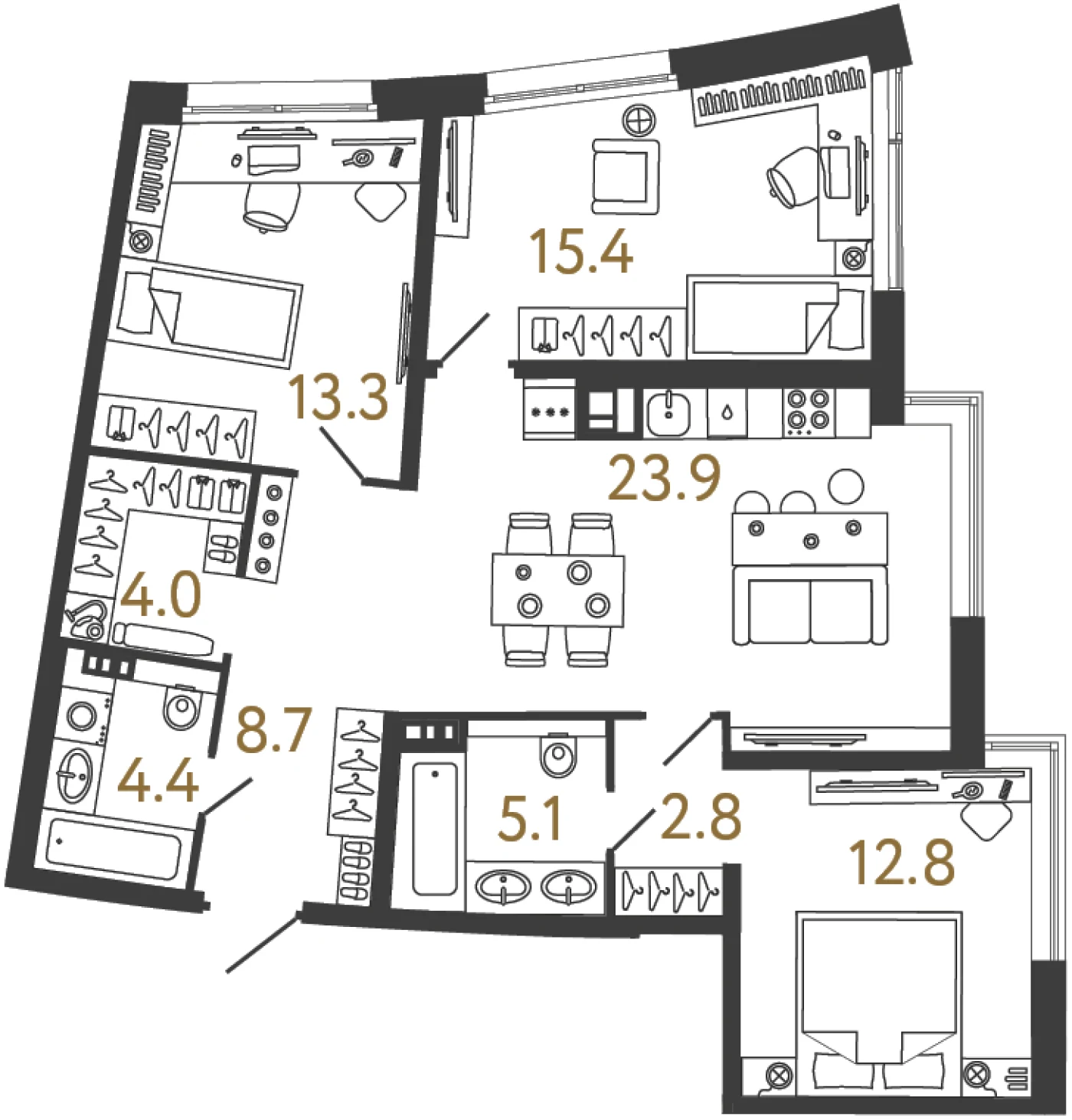 Планировка 3-комнатная 90,4 м² в доме «Цвет Зеленогорска» — Дом «Цвет Зеленогорска»