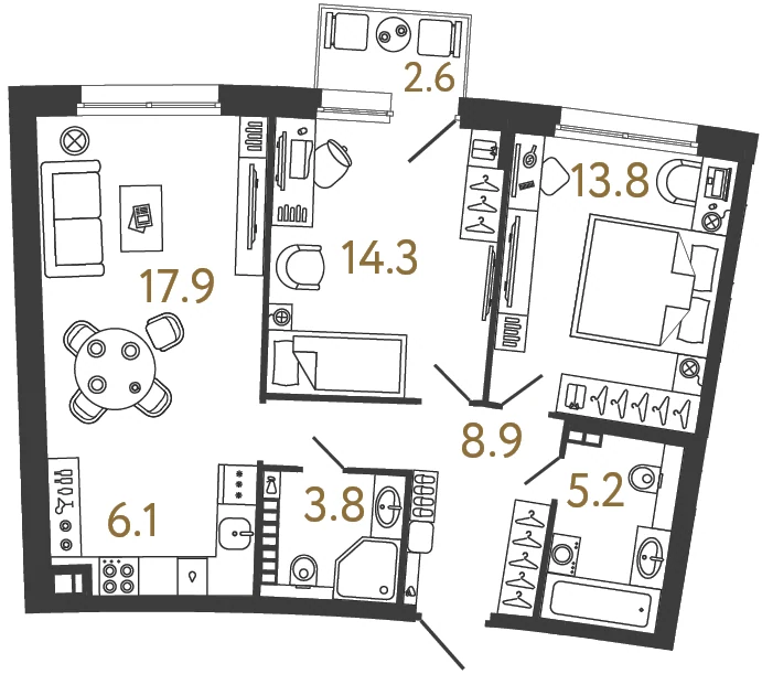 Планировка 2-комнатная 70 м² в доме «Цвет Зеленогорска» — Дом «Цвет Зеленогорска»