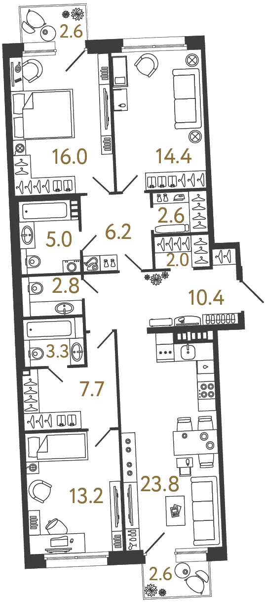 Планировка 3-комнатная 107,4 м² в доме «Цвет Зеленогорска» — Дом «Цвет Зеленогорска»
