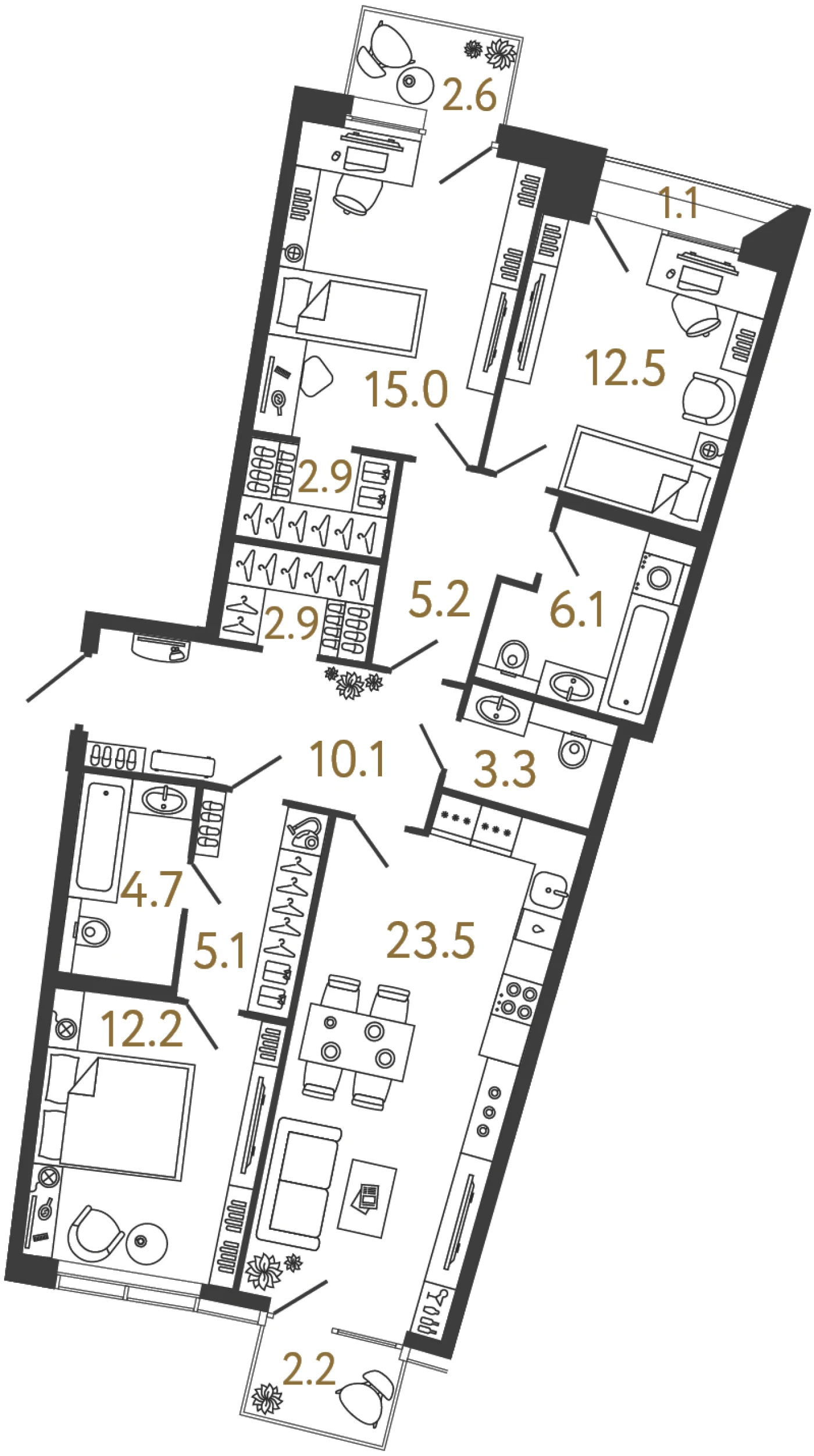 Планировка 3-комнатная 103,5 м² в доме «Цвет Зеленогорска» — Дом «Цвет Зеленогорска»