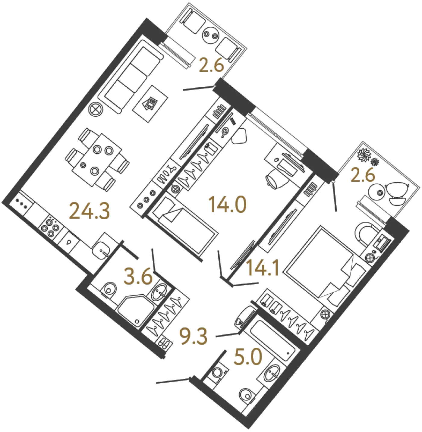 Планировка 2-комнатная 70,3 м² в доме «Цвет Зеленогорска» — Дом «Цвет Зеленогорска»