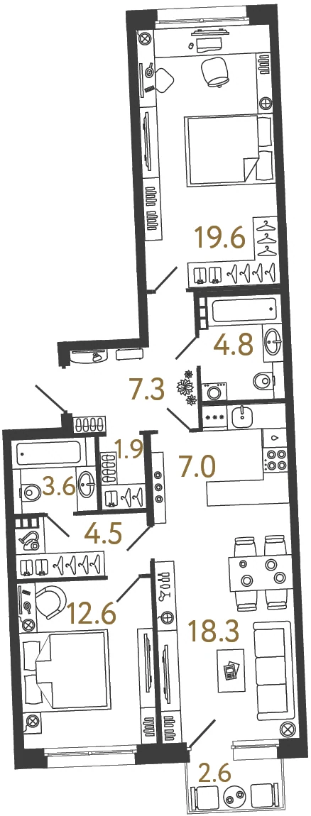 Планировка 2-комнатная 79,6 м² в доме «Цвет Зеленогорска» — Дом «Цвет Зеленогорска»