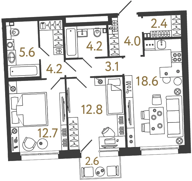 Планировка 2-комнатная 67,6 м² в доме «Цвет Зеленогорска» — Дом «Цвет Зеленогорска»