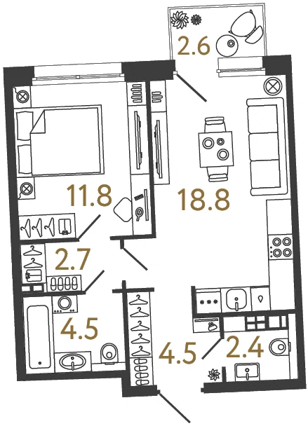 Планировка 1-комнатная 44,7 м² в доме «Цвет Зеленогорска» — Дом «Цвет Зеленогорска»