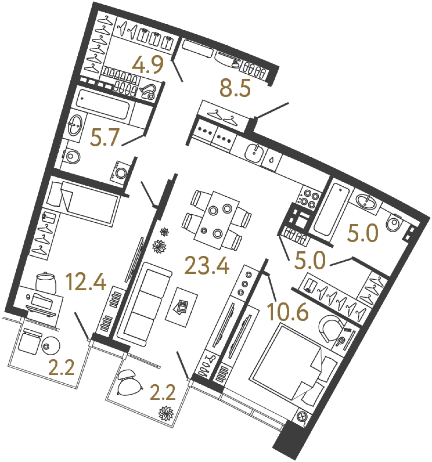 Планировка 2-комнатная 75,5 м² в доме «Цвет Зеленогорска» — Дом «Цвет Зеленогорска»
