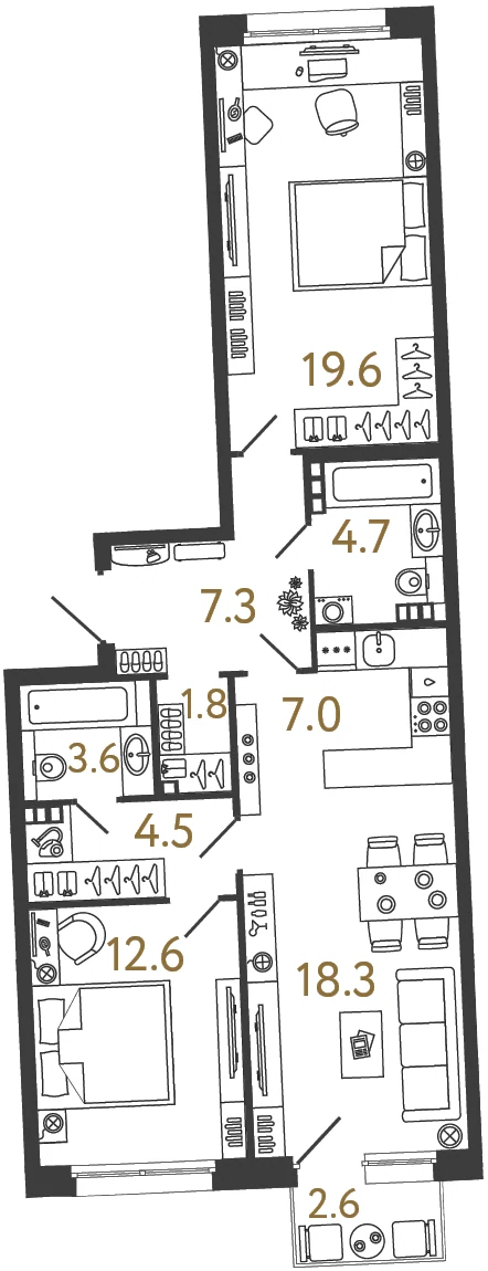 Планировка 2-комнатная 79,4 м² в доме «Цвет Зеленогорска» — Дом «Цвет Зеленогорска»